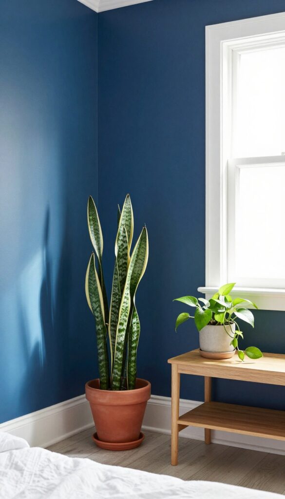 Bright blue bedroom with navy wall, white bedding, and potted snake plant and pothos on nightstand, natural light, fresh and lived-in feel.