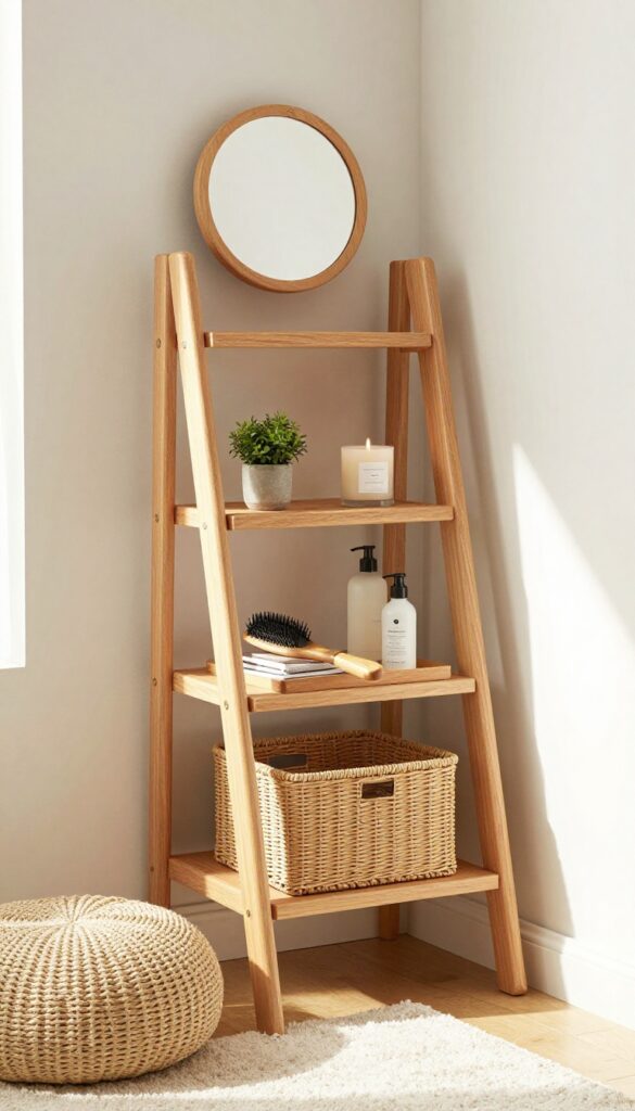 A ladder shelf vanity with baskets in a bright bedroom corner, featuring a round mirror, pouf, and natural decor.