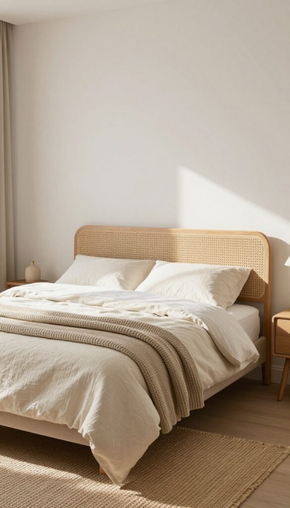Small bedroom with soft neutral base, layered bedding, and natural textures