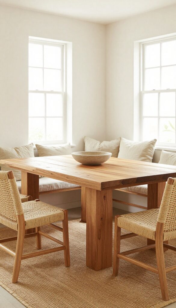 Warm kitchen banquette with natural textures including wood, rattan, linen, and stone