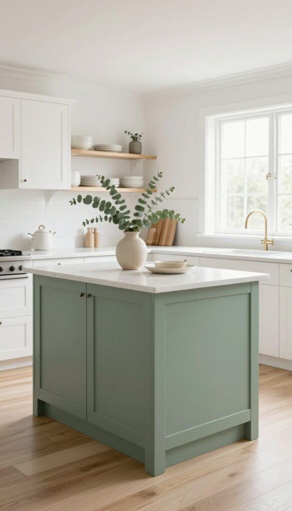 Farmhouse kitchen with neutral palette and sage green island as warm accent