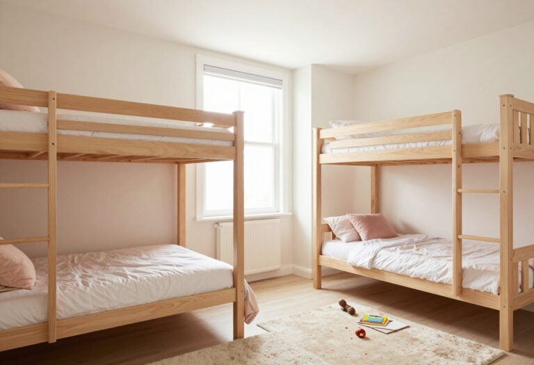 Cozy shared kids' bedroom with bunk beds and fabric divider