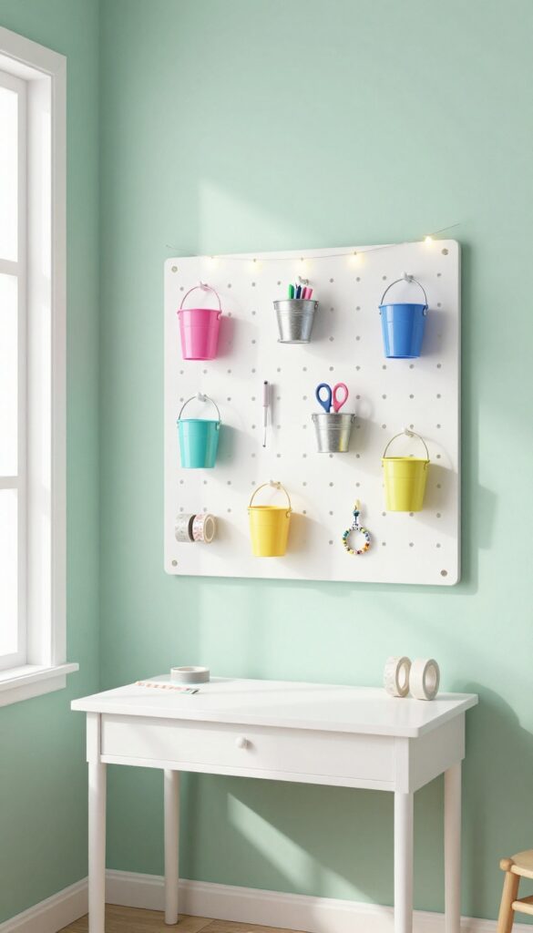 Pegboard wall with art supplies and crafts in a bright girls' bedroom