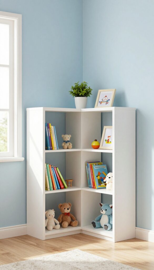 Corner shelf unit in a bright kids' bedroom displaying books, toys, and a plant, creating functional storage in an awkward space.