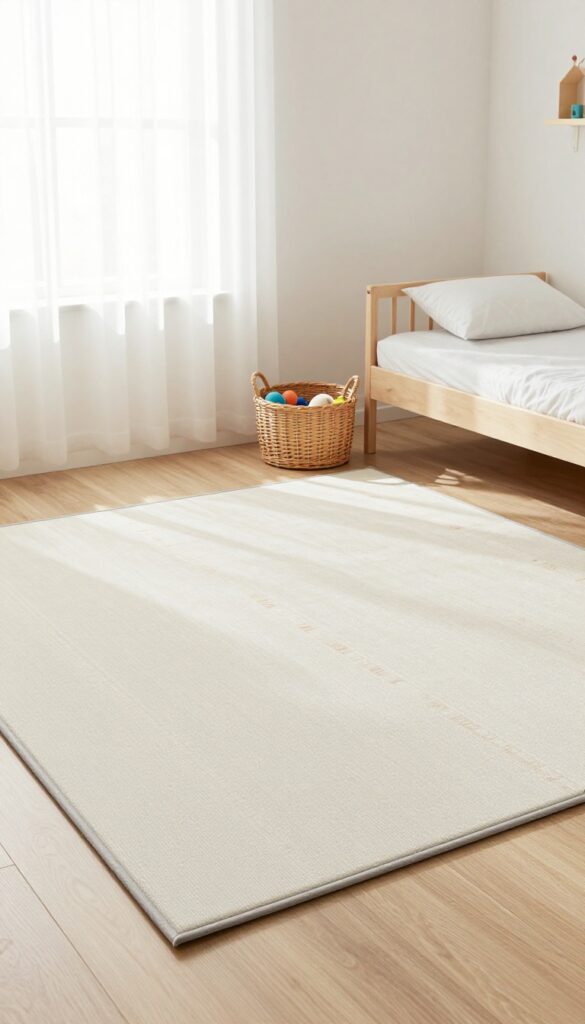 A small kids bedroom with a neutral play mat doubling as a rug, featuring a subtle geometric pattern, near a window with natural light.