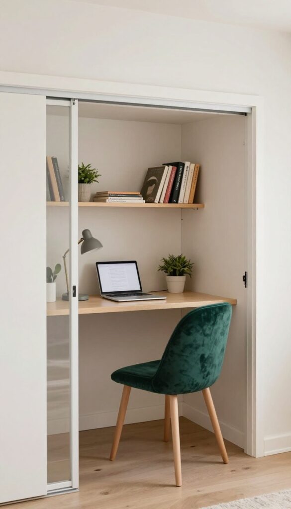 Closet desk nook with sliding doors and a velvet chair in a bright teen girl's bedroom
