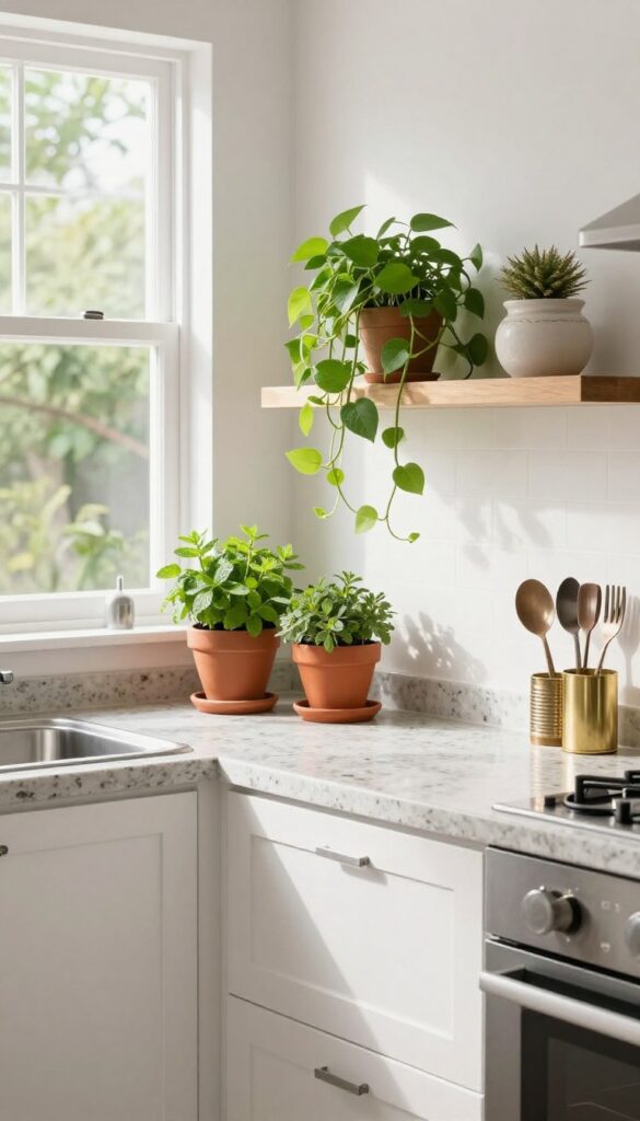 Indian open kitchen with potted herbs on windowsill and trailing plant on shelf, bright natural light