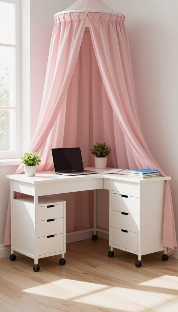 L-shaped desk with rolling cart and canopy curtains in a teen girl's bedroom