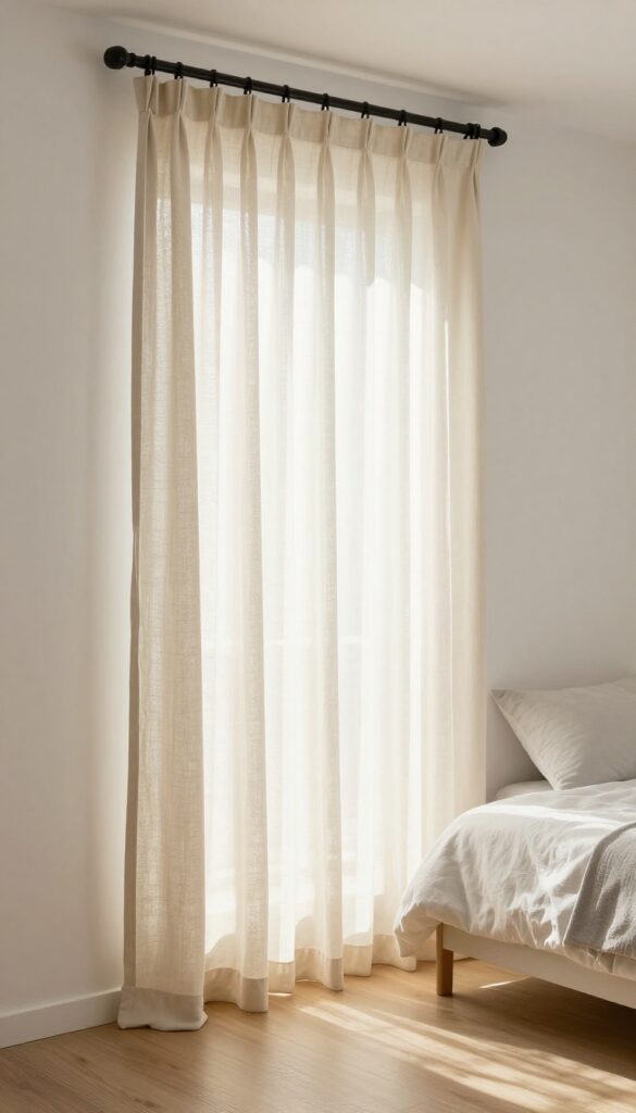 Small guest bedroom with sheer curtains softening natural light, creating a calm and airy atmosphere.
