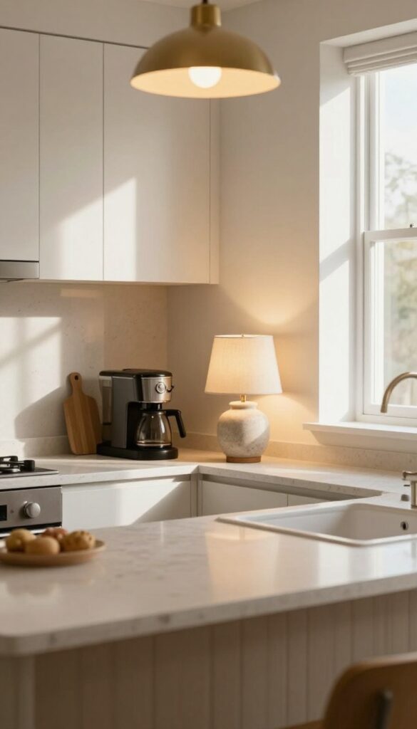 Cozy guest suite kitchenette with under-cabinet task lights, brass pendant light, and table lamp, warm natural light