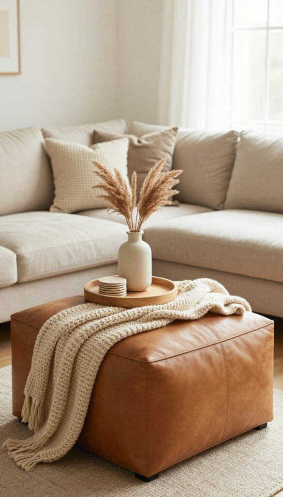 Storage ottoman serving as a coffee table in a cozy guest room