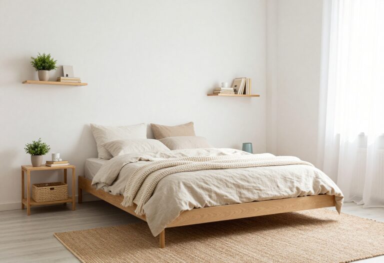 Cozy small bedroom with neutral decor, low bed, and natural light