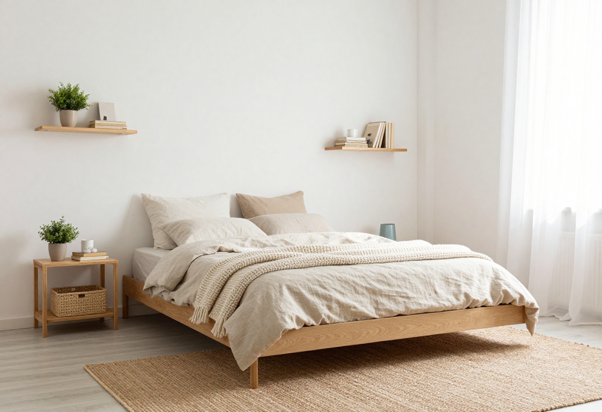 Cozy small bedroom with neutral decor, low bed, and natural light