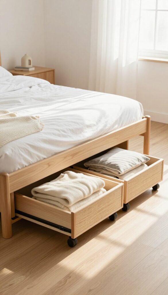 Under-bed drawers on wheels in a bright bedroom