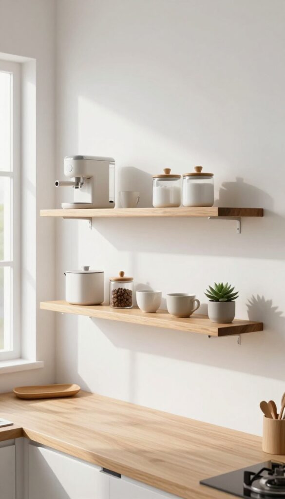 Minimalist floating shelf coffee bar in a bright kitchen with white walls, warm wood shelf, and neatly arranged coffee essentials.