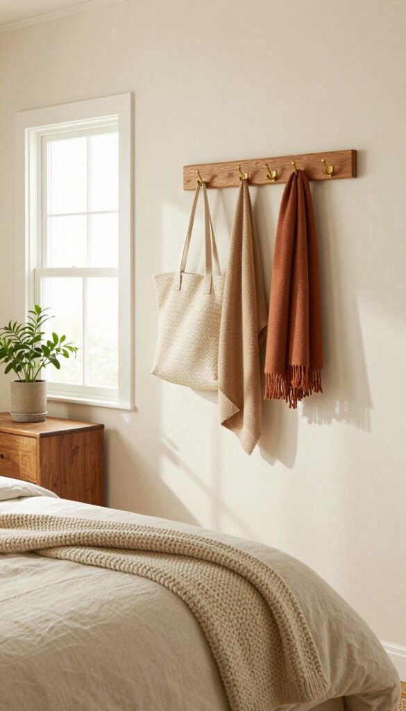 Small bedroom with a peg rail holding a tote bag, cardigan, and scarf, cozy farmhouse style