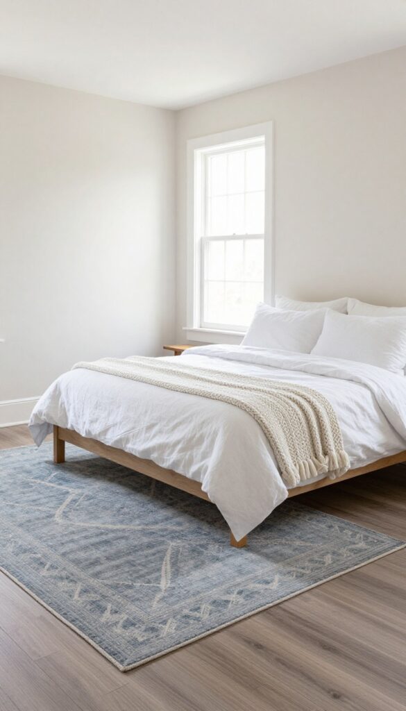 Cozy bedroom with a plush blue-gray rug under a bed, neutral walls, and soft natural light