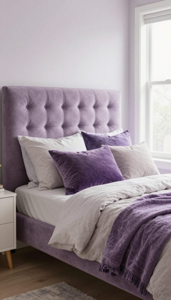 Muted purple tufted headboard with textured pillows in a bright, airy girls bedroom