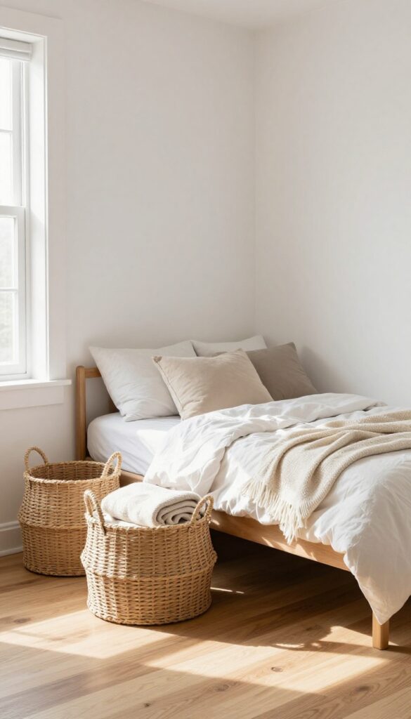 Small bedroom with woven storage baskets under the bed, filled with blankets and pillows, warm natural light.