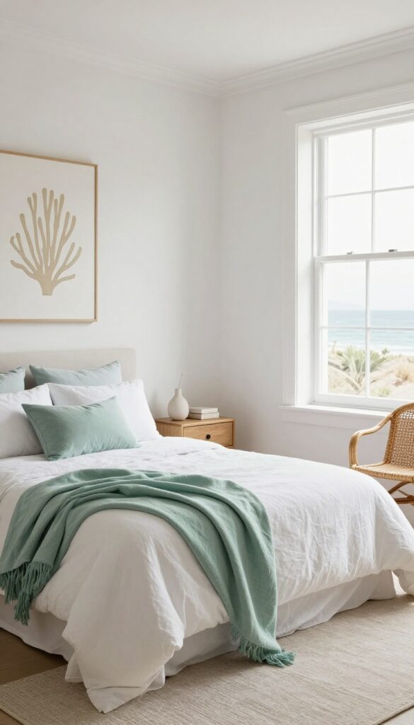 Muted coastal bedroom with seafoam green throw, pale blue pillows, and sandy coral art print on white linen bedding.