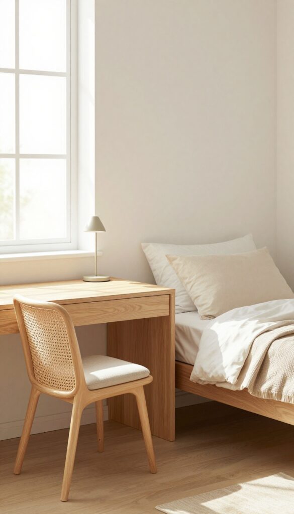 Corner desk behind a rattan room divider, with a guest bed visible beyond, in a bright airy room.