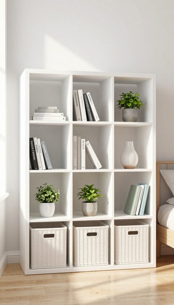 Modular cube shelves arranged horizontally under a window in a small bedroom, with open and closed cubes for flexible storage