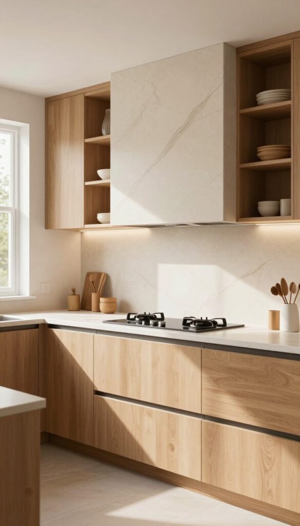 Large-format slab backsplash in warm beige with subtle veining, wood cabinets, and under-cabinet lighting in a modern kitchen.
