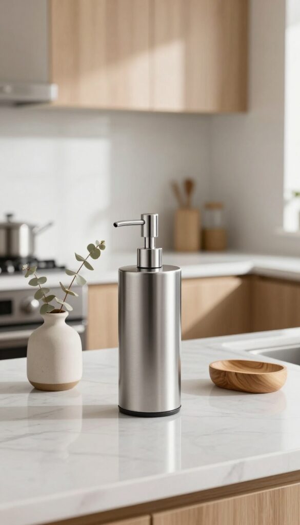 Brushed stainless steel soap dispenser on a kitchen counter with eucalyptus and wooden soap dish