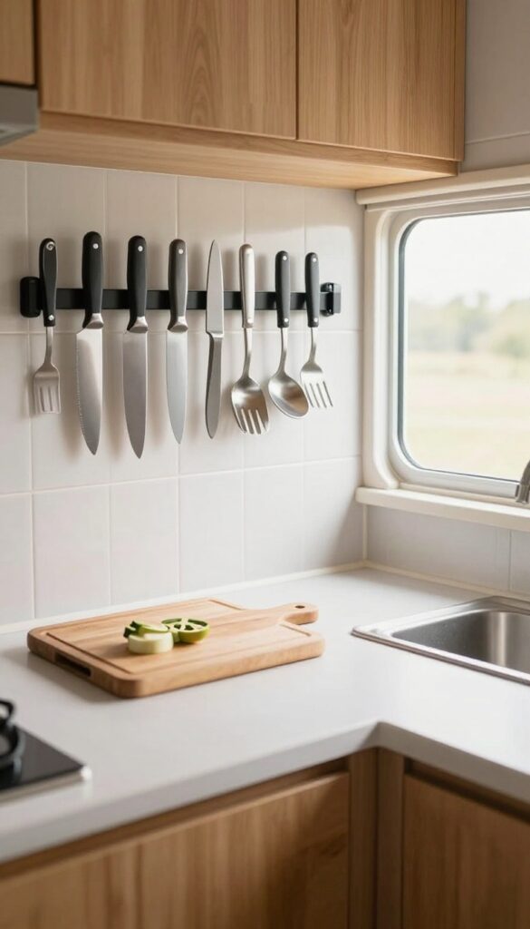 Mobile home kitchen with magnetic knife strip on backsplash holding knives and utensils, freeing counter space.