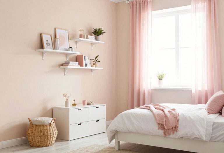 Pretty pink bedroom with blush accent wall, white bed, and storage-friendly decor