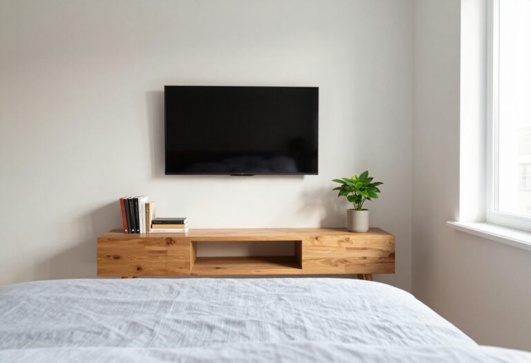 Cozy small bedroom with TV mounted above a low console with shelves, plant, and books.