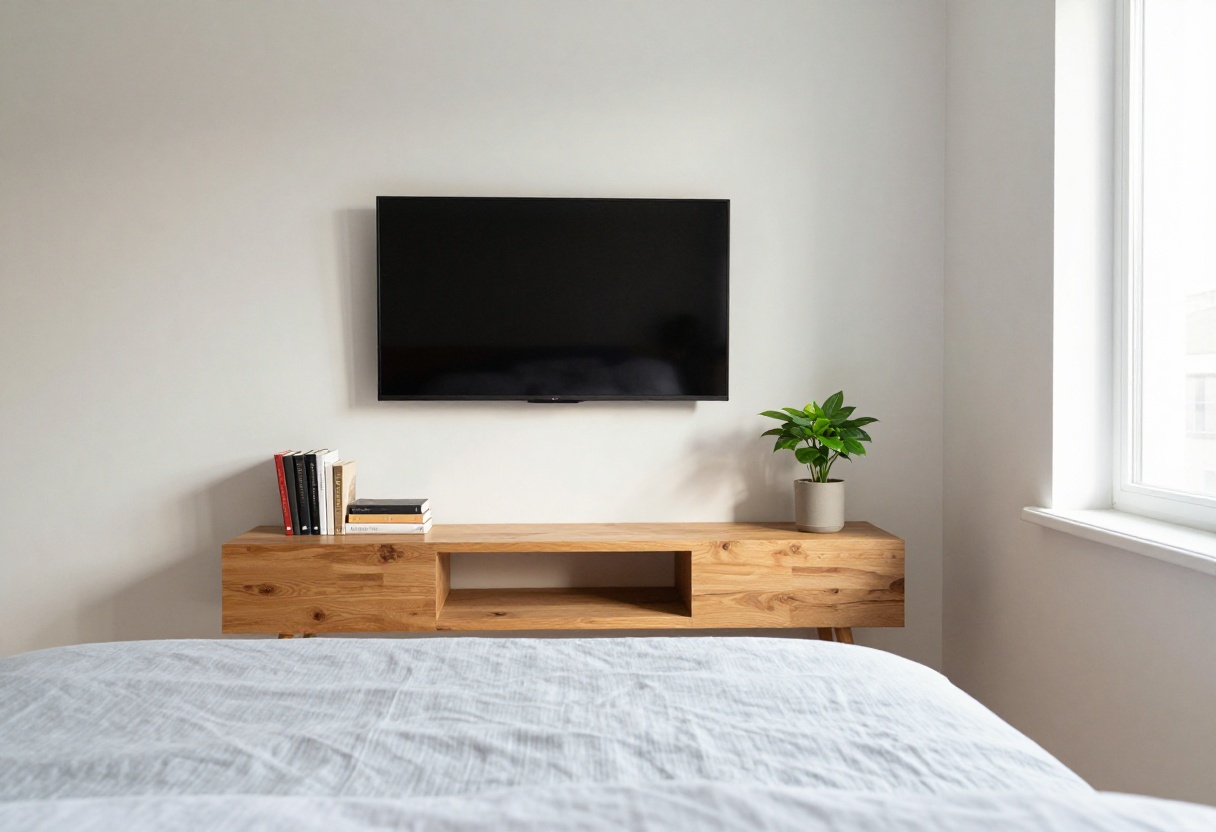 Cozy small bedroom with TV mounted above a low console with shelves, plant, and books.