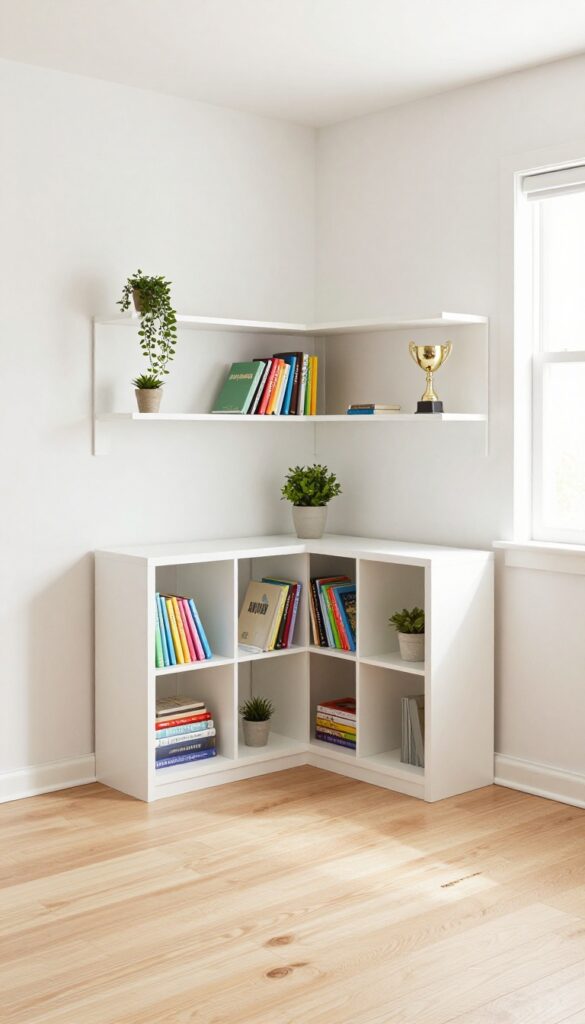 Corner shelving unit in a boy's bedroom displaying books, a plant, and a trophy, with natural light.
