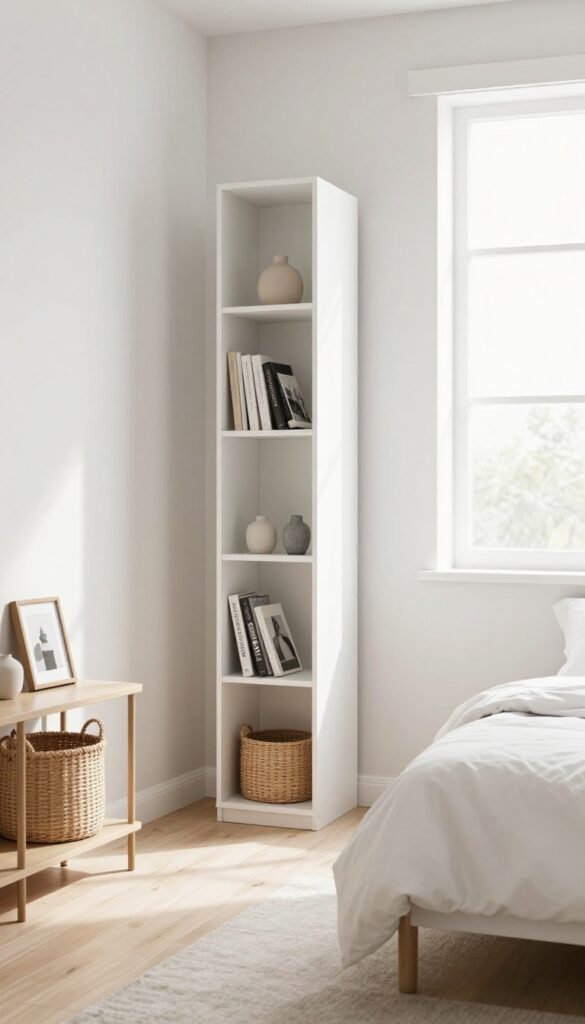 Small guest bedroom with tall narrow bookcase for vertical storage, soft bedding, calm decor.