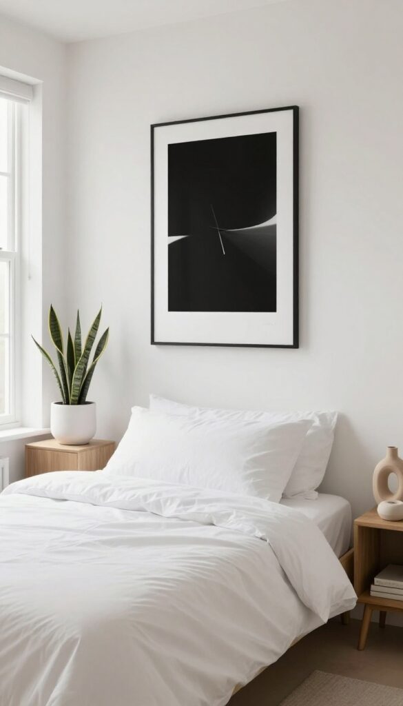 Minimalist small bedroom with one art print, a potted plant, and a sculptural vase, no clutter.