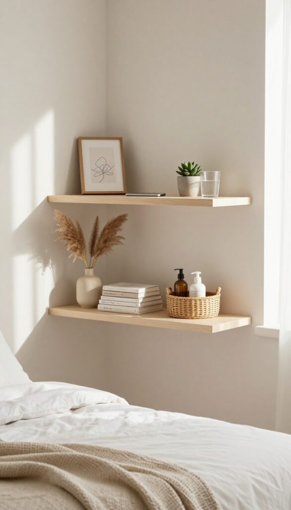 Wall-mounted shelves in a guest bedroom with books, decor, and toiletries, bathed in natural light.