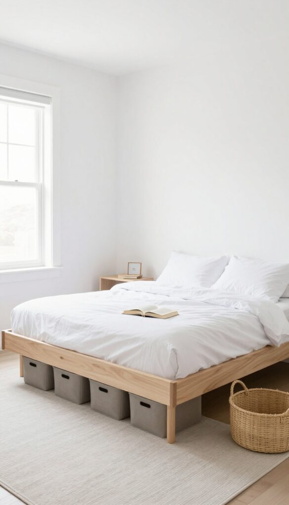 Low-profile bed frame with under-bed storage bins in a bright, clean boys' bedroom.
