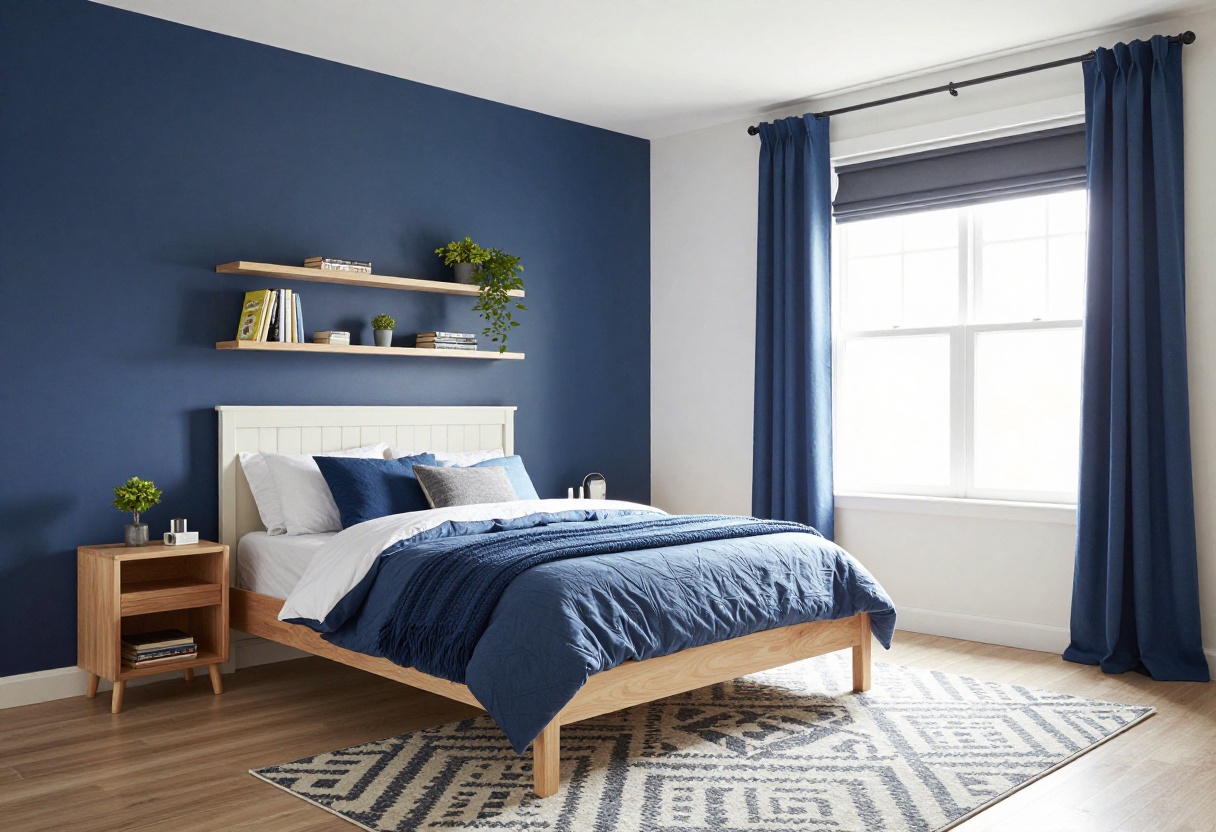 Bright boys bedroom with navy accent wall, white bed, and blue bedding