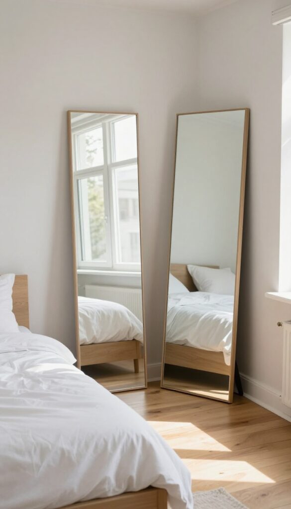 Small bedroom with large mirror reflecting window, bouncing natural light, creating airy and open feel.