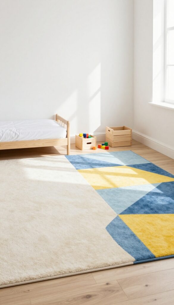 Two rugs defining separate play and sleep zones in a shared kids' bedroom