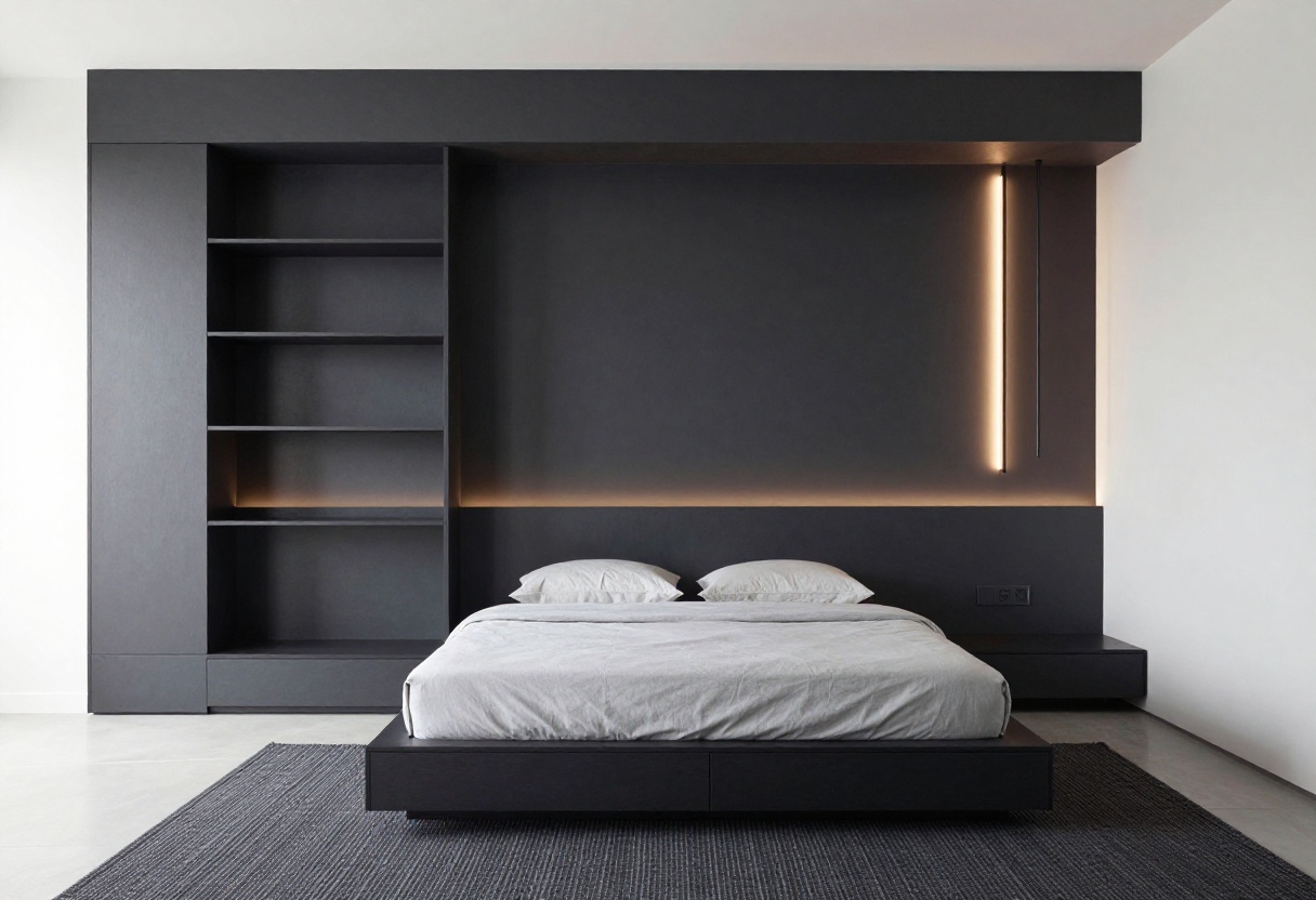 Small bedroom with dark accent wall, platform bed with storage, floating shelves, and warm sconce lighting