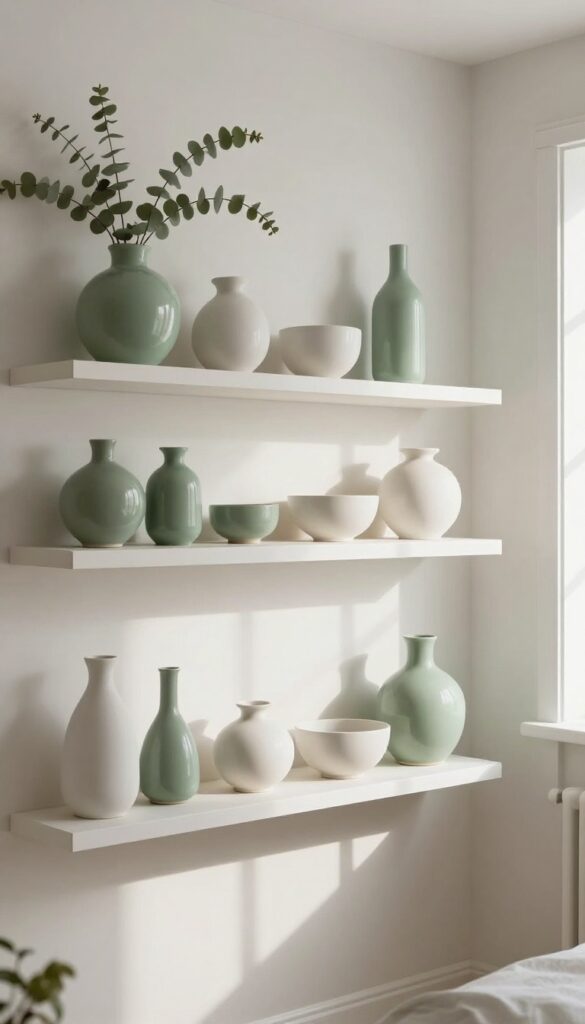 Sage green ceramics on open shelves in a bright bedroom