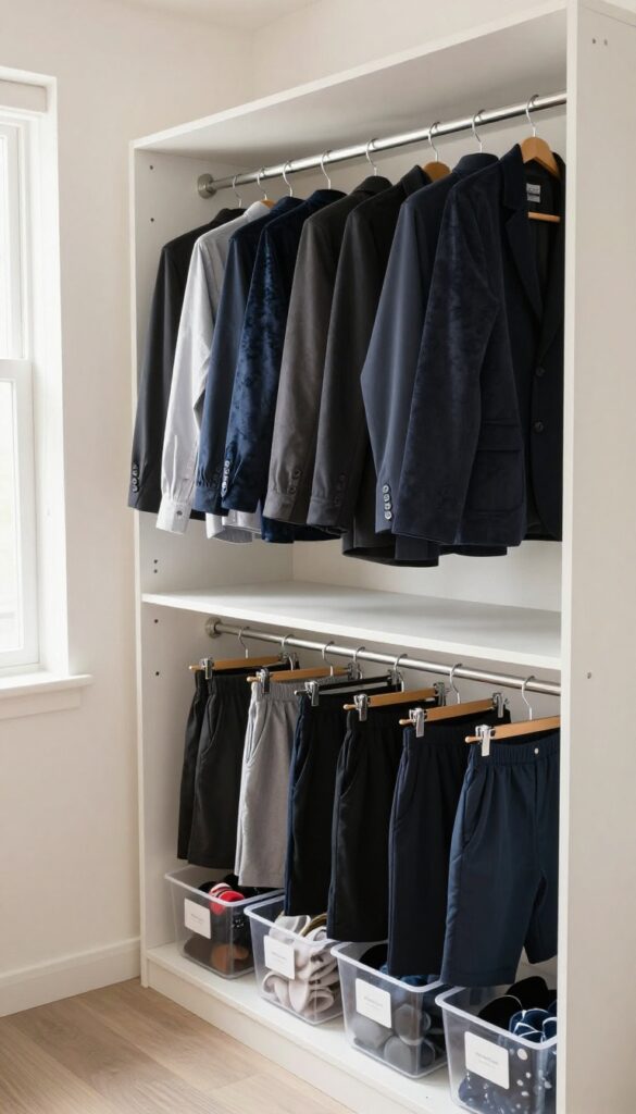 Shared closet with double hanging rods at different heights, organized with matching hangers and clear labeled bins.