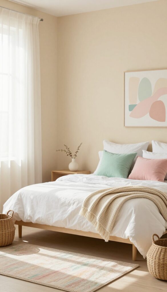 Cozy girls bedroom with creamy beige walls and pastel pink and mint accents, bright natural light, layered textiles
