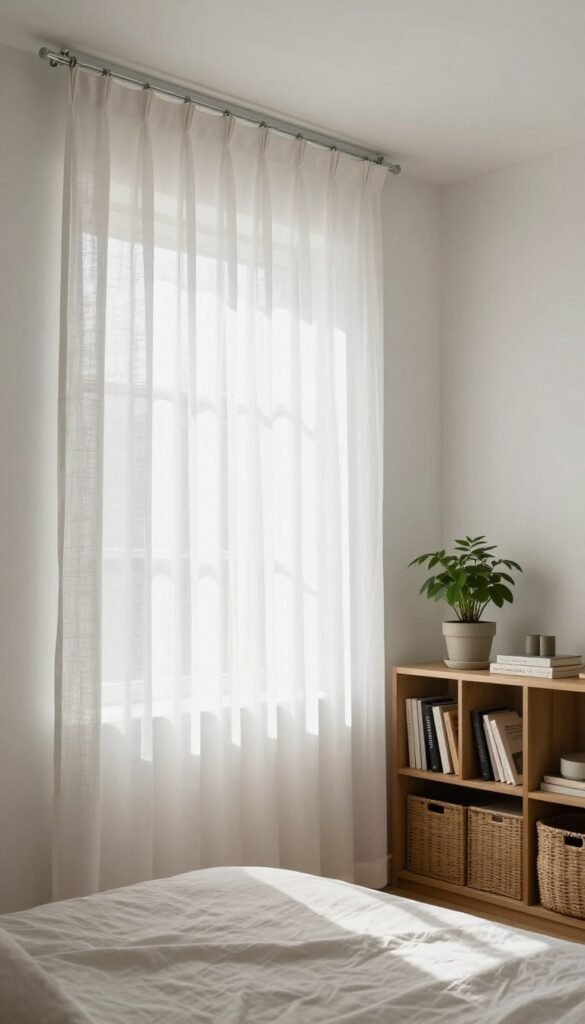 Small bedroom with a sheer curtain room divider and low bookcase, allowing light to filter through