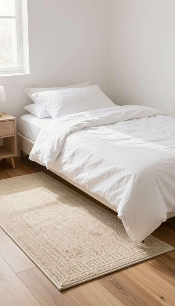 Small guest bedroom with a cozy rug anchoring the space, hardwood floors, and natural light.