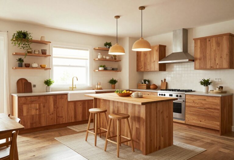 Cozy large kitchen with warm lighting, wood accents, and a soft rug under the island