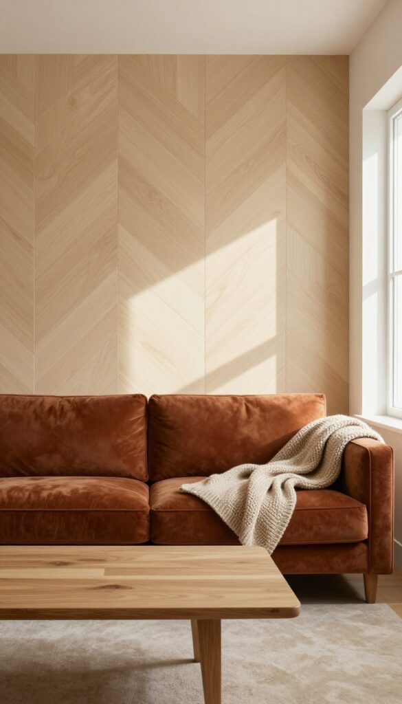 Geometric wall paneling in a herringbone pattern, soft neutral paint, warm rust velvet sofa, chunky knit throw, natural wood coffee table, bright natural light.