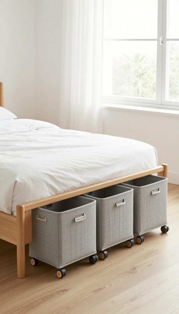 Under-bed storage bins on wheels in a small bedroom