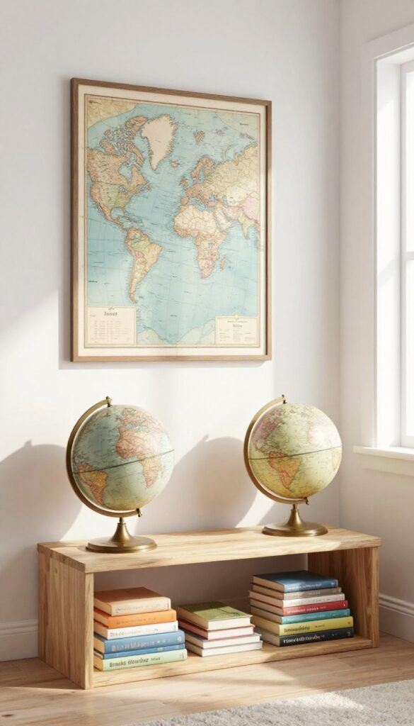 Vintage map and globe decor in a light, airy kids bedroom